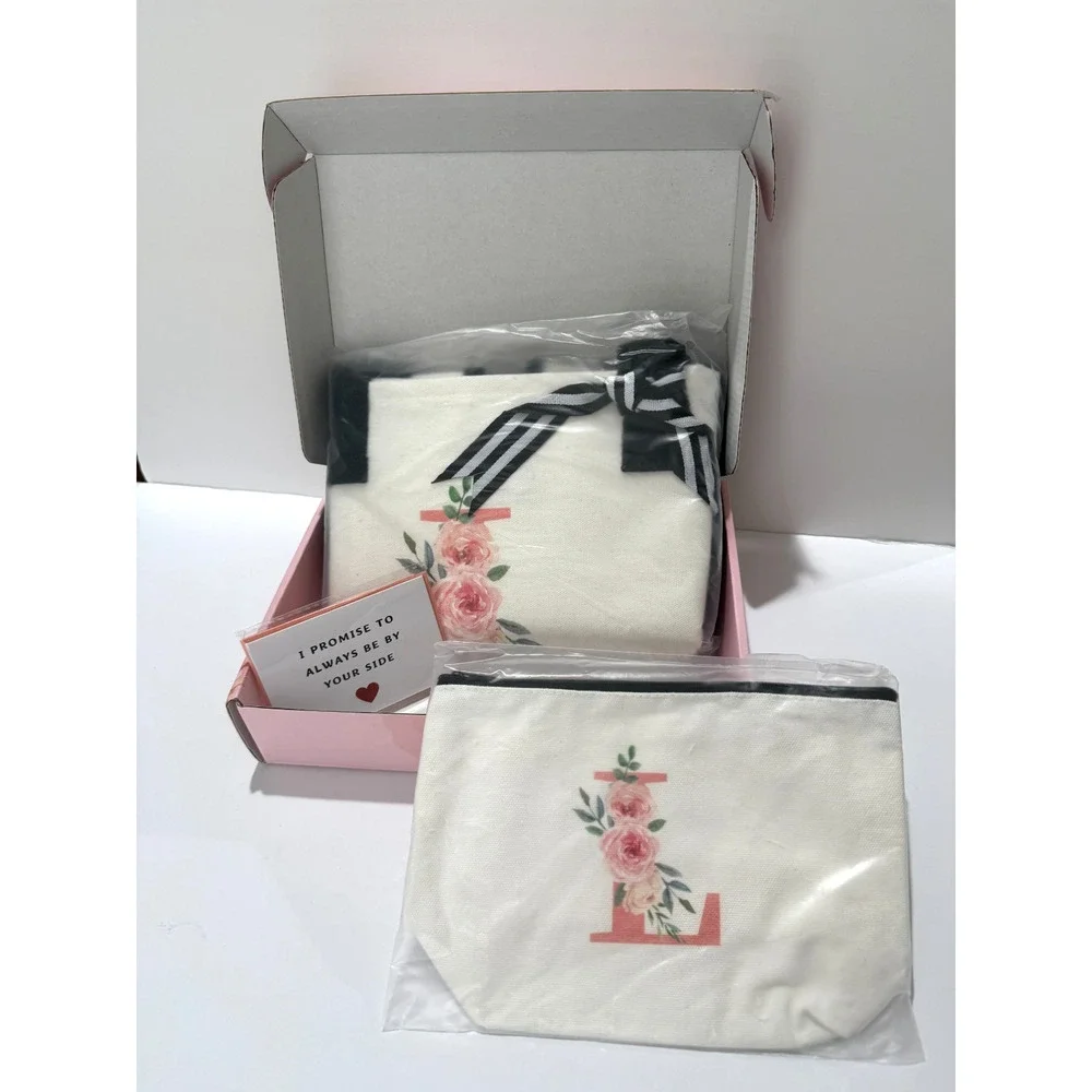 Floral Monogram “L” Tote & Toiletry Bag Gift‎ Box Set New TRSODD